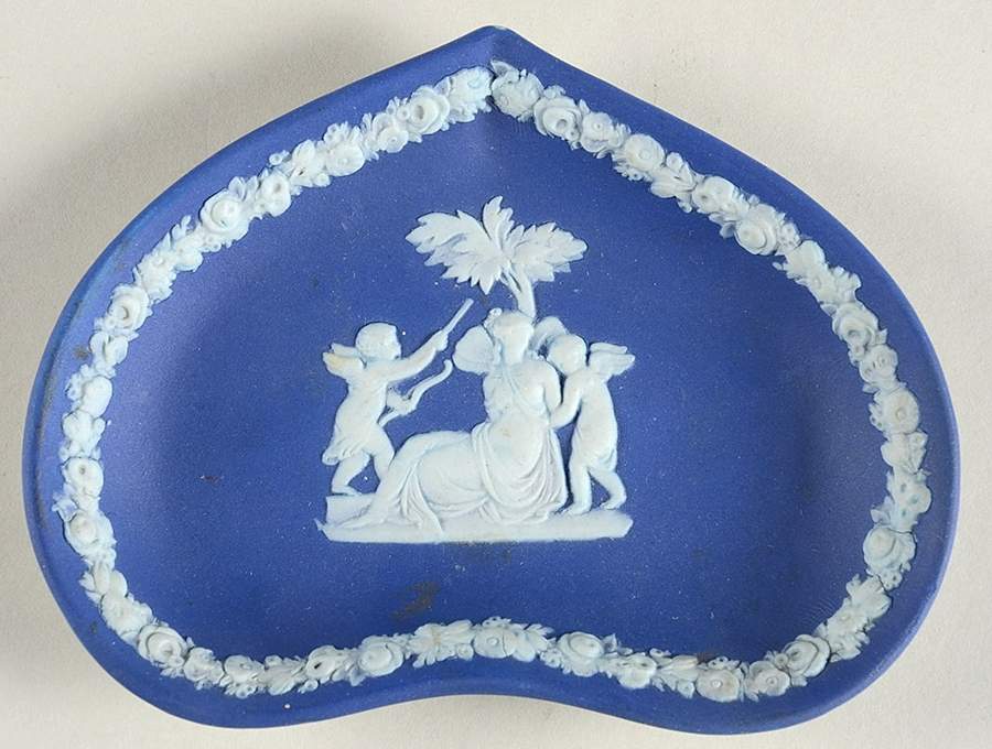 Cream Color on Wedgwood Blue Jasperware Small Heart Shape Ashtray by Wedgwood-1