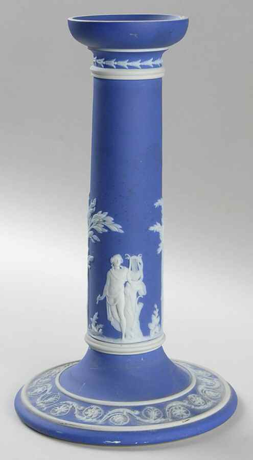 Cream Color on Wedgwood Blue Jasperware 9" Candlestick by Wedgwood-1