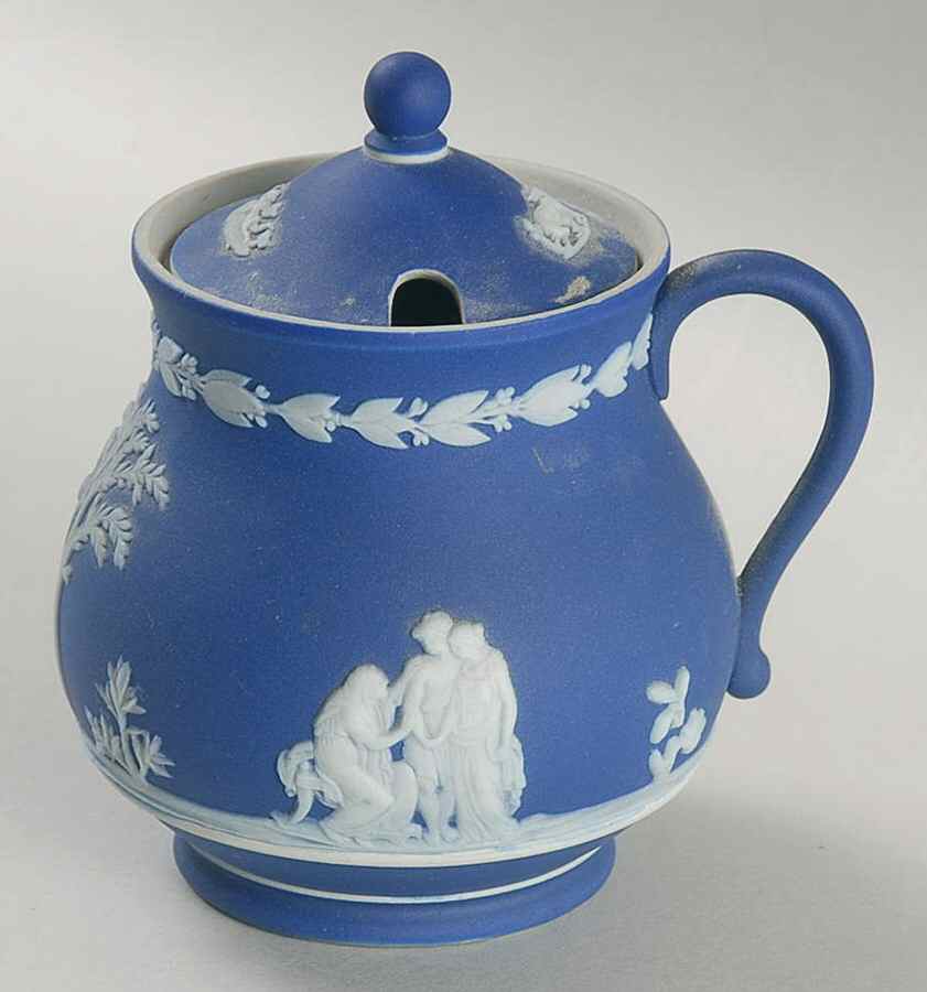 Cream Color on Wedgwood Blue Jasperware Imperial Mustard Jar & Lid by Wedgwood-1