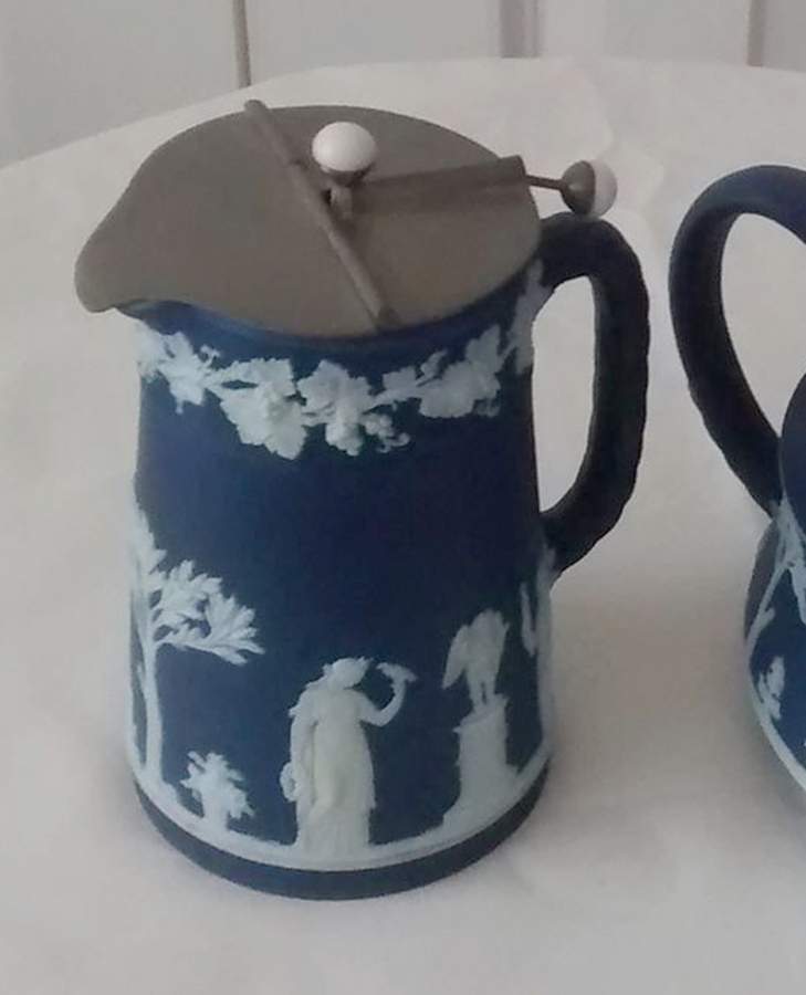 Cream Color on Wedgwood Blue Jasperware 22 Oz Trojan Jug with Metal Lid by Wedgwood-1