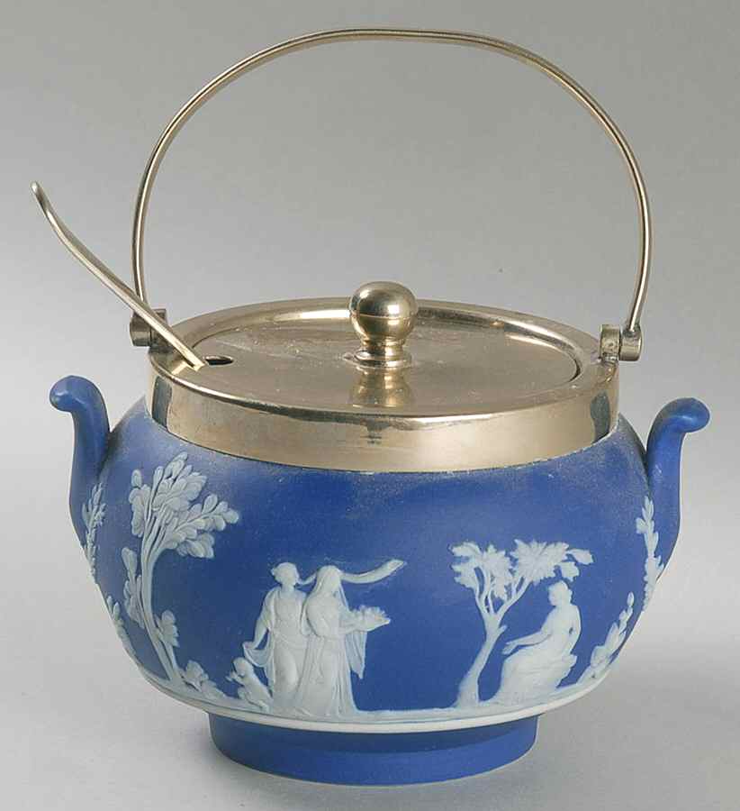 Cream Color on Wedgwood Blue Jasperware Sugar W/Metal Handle, Lid & Spoon by Wedgwood-1
