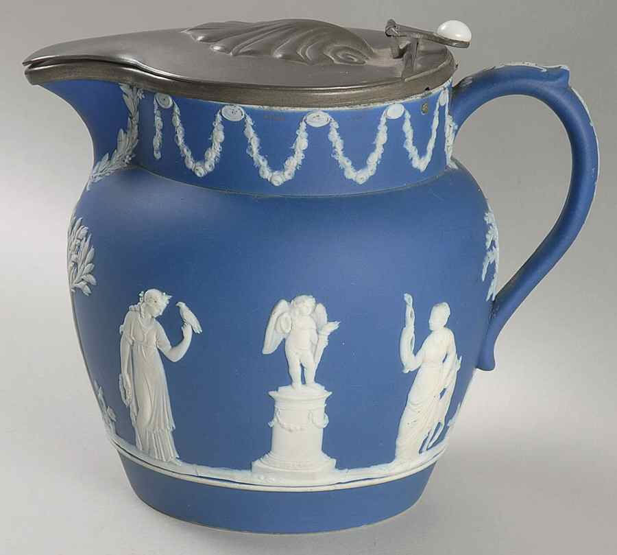 Cream Color on Wedgwood Blue Jasperware 40 Oz Sacrifice Dutch Jug with Metal Lid by Wedgwood-1