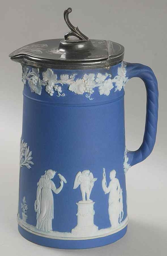Cream Color on Wedgwood Blue Jasperware 22 Oz Trojan Jug with Metal Lid by Wedgwood-1