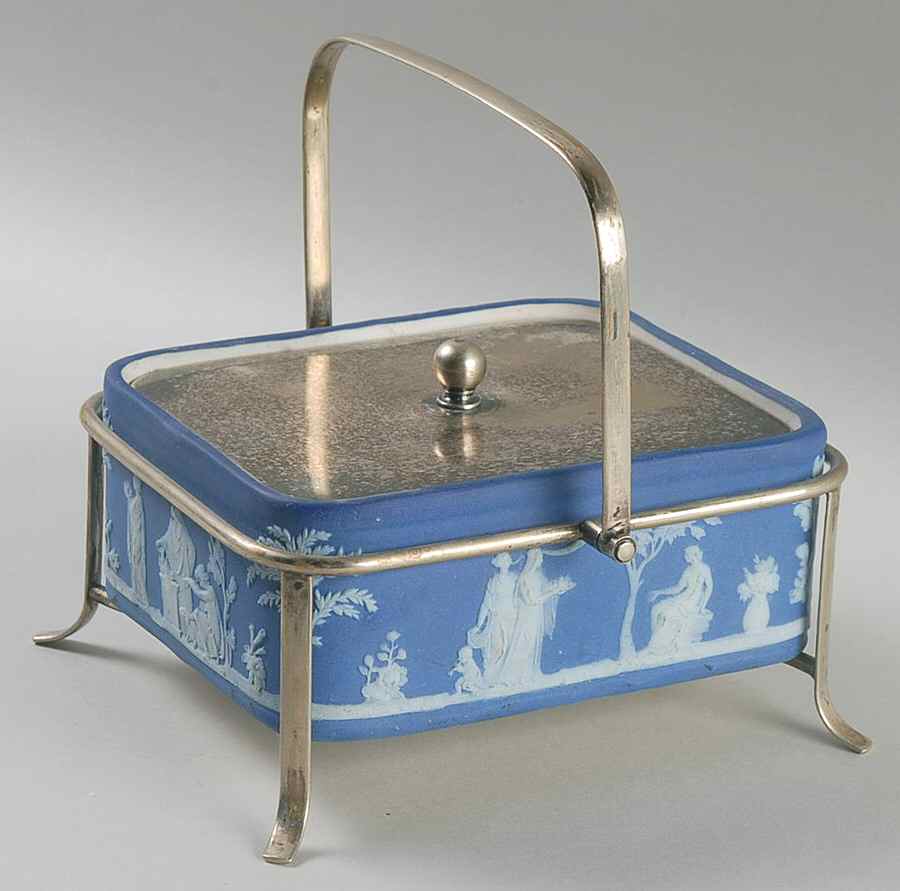 Cream Color on Wedgwood Blue Jasperware Sardine Box & Metal Lid W/Stand by Wedgwood-1