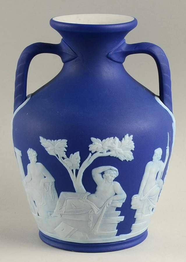 Cream Color on Wedgwood Blue Jasperware Two Handled Portland Vase by Wedgwood-1