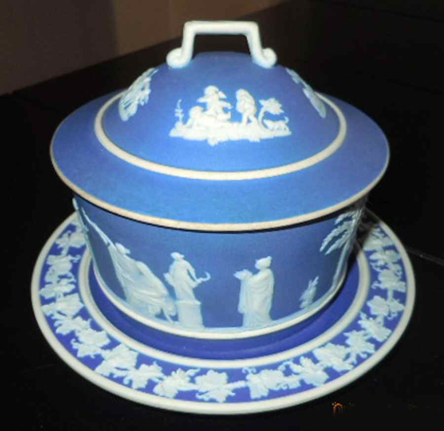 Cream Color on Wedgwood Blue Jasperware Covered Butter Lugger & Underplate by Wedgwood-1