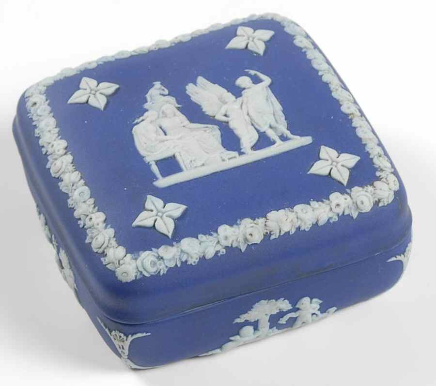 Cream Color on Wedgwood Blue Jasperware Square Box with Lid by Wedgwood-1