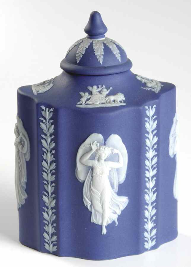 Cream Color on Wedgwood Blue Jasperware Tea Caddy & Lid by Wedgwood-1