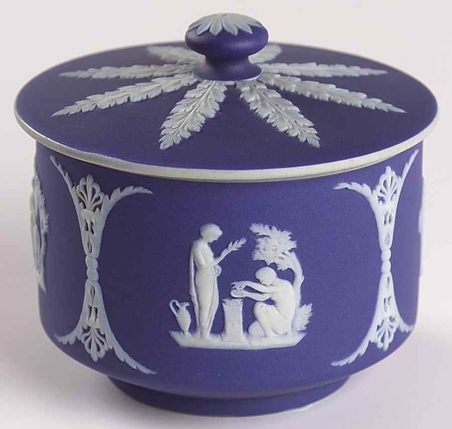 Cream Color on Wedgwood Blue Jasperware Round Bon Bon & Lid by Wedgwood-1