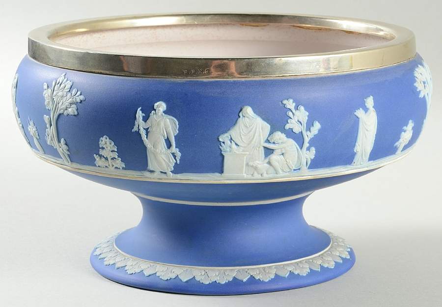 Cream Color on Wedgwood Blue Jasperware 8" Round Footed Imperial Bowl w/Silverplate Band by Wedgwood-1