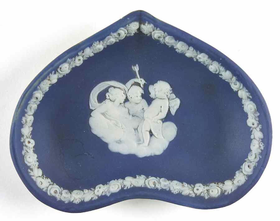 Cream Color on Wedgwood Blue Jasperware Small Heart Shape Ashtray by Wedgwood-1