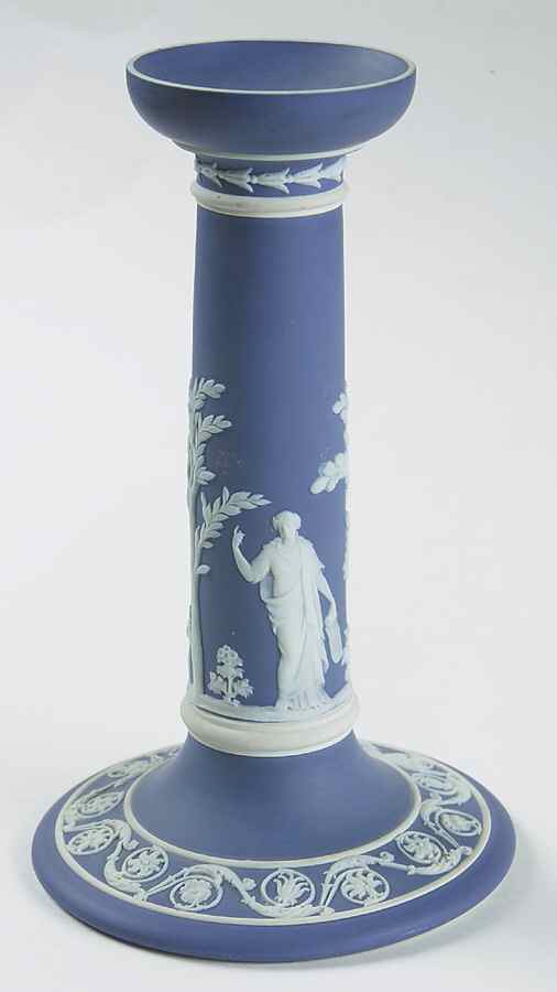 Cream Color on Wedgwood Blue Jasperware 8" Tall Candlestick by Wedgwood-1