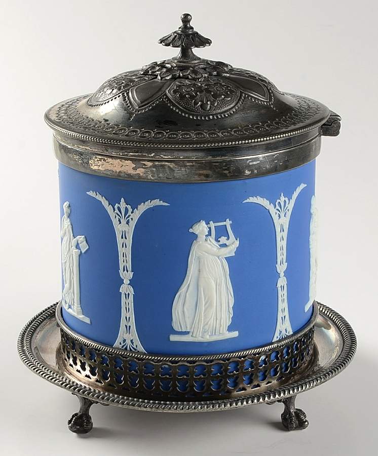 Cream Color on Wedgwood Blue Jasperware Biscuit Barrel with Metal Hinged Lid & Metal Stand by Wedgwood-1