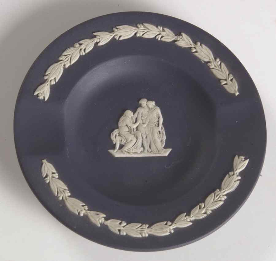 Cream Color on Wedgwood Blue Jasperware 2 Slot Round Ashtray by Wedgwood-1