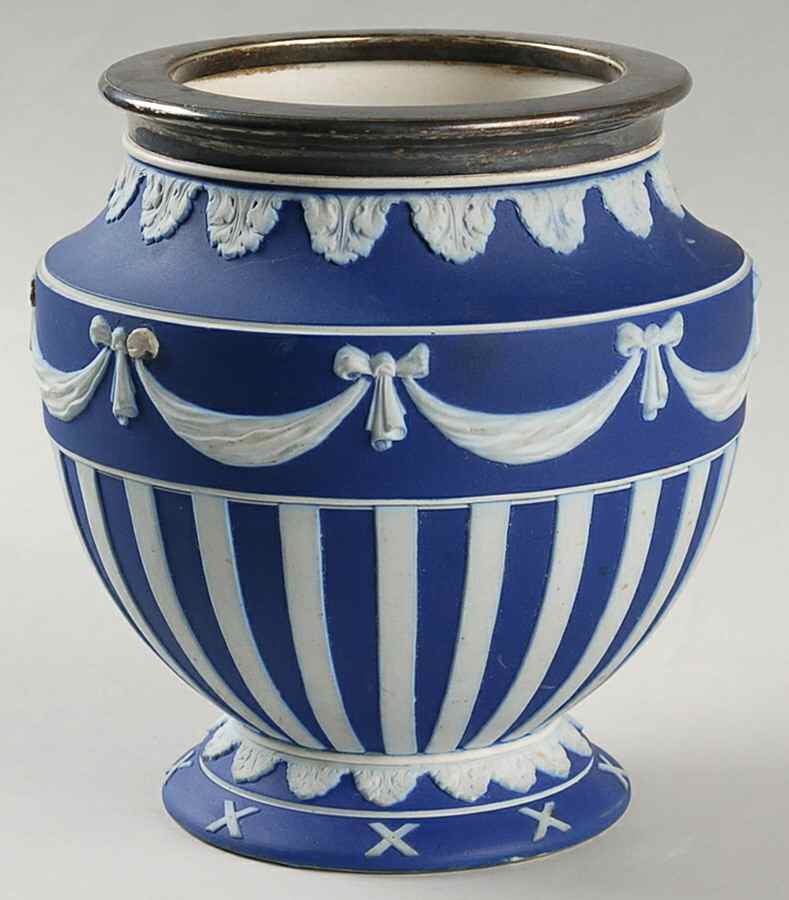 Cream Color on Wedgwood Blue Jasperware 6" Vase with Silverplate Collar by Wedgwood-1