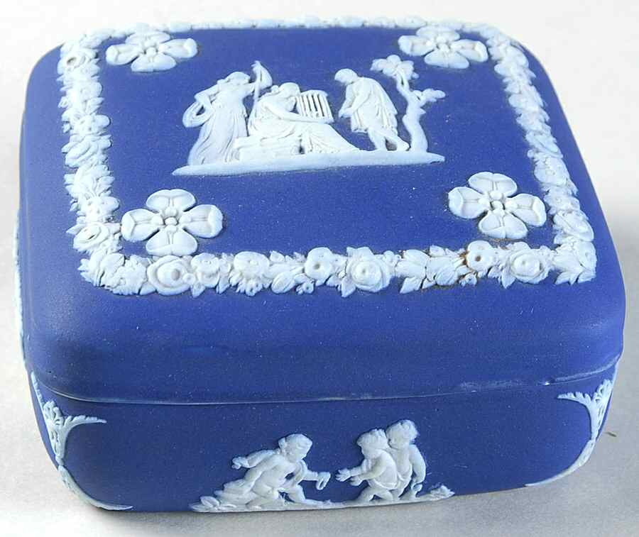 Cream Color on Wedgwood Blue Jasperware Square Box with Lid by Wedgwood-1