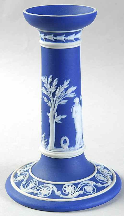 Cream Color on Wedgwood Blue Jasperware 6" Candlestick by Wedgwood-1