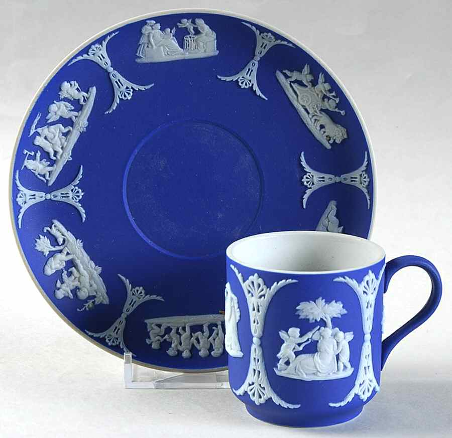 Cream Color on Wedgwood Blue Jasperware Flat Demitasse Cup & Saucer Set by Wedgwood-1