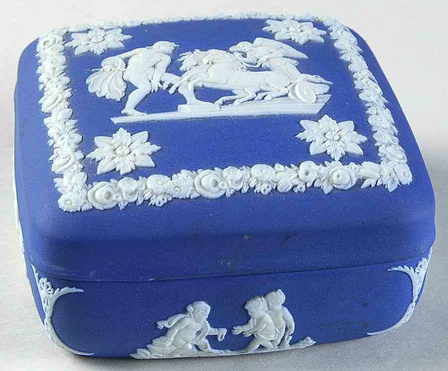Cream Color on Wedgwood Blue Jasperware Square Box with Lid by Wedgwood-1