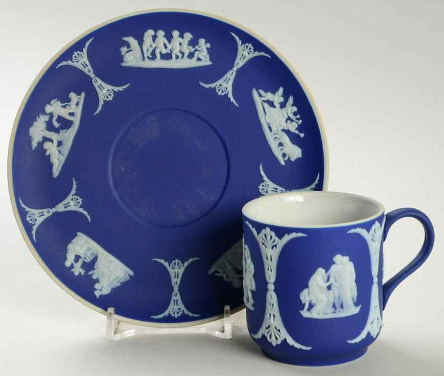 Cream Color on Wedgwood Blue Jasperware Flat Demitasse Cup & Saucer Set by Wedgwood-1