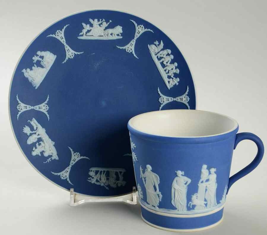 Cream Color on Wedgwood Blue Jasperware Flat Cup & Saucer Set by Wedgwood-1
