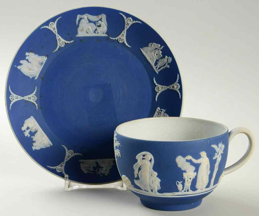 Cream Color on Wedgwood Blue Jasperware Flat Cup & Saucer Set by Wedgwood-1