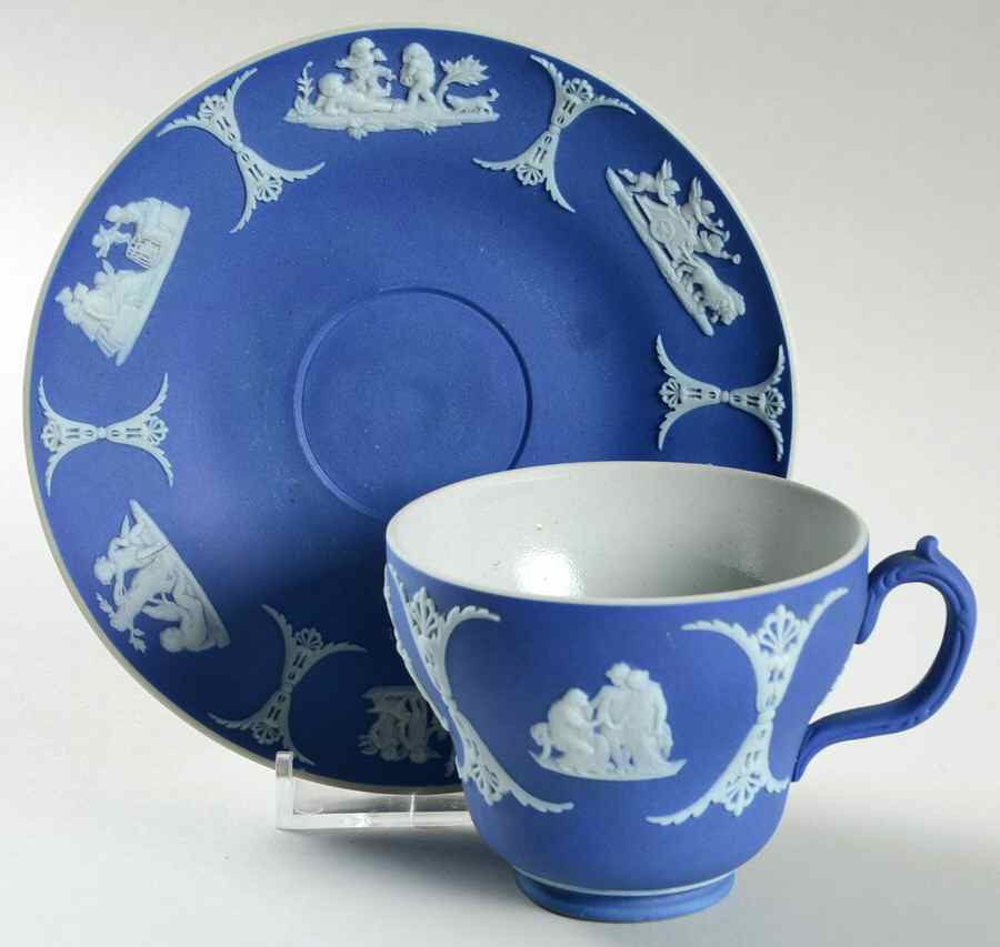 Cream Color on Wedgwood Blue Jasperware Flat Cup & Saucer Set by Wedgwood-1
