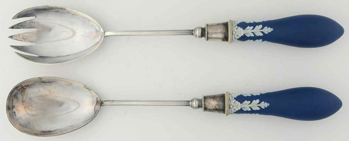 Cream Color on Wedgwood Blue Jasperware 2-Piece Salad Set with Silverplate Bowl by Wedgwood-1