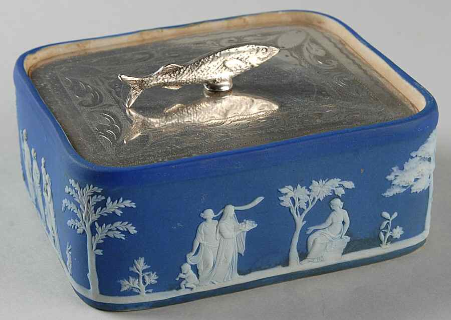 Cream Color on Wedgwood Blue Jasperware Sardine Box & Metal Lid by Wedgwood-1