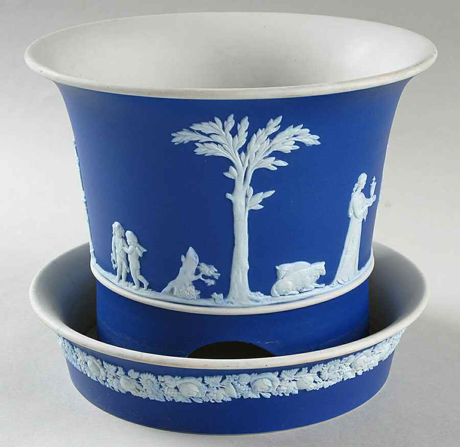 Cream Color on Wedgwood Blue Jasperware Jardiniere & Stand by Wedgwood-1
