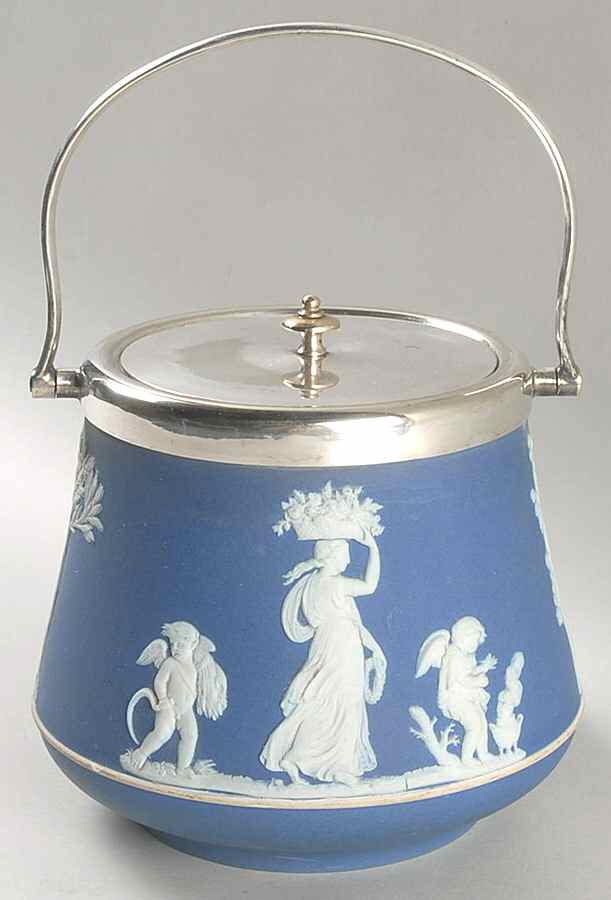 Cream Color on Wedgwood Blue Jasperware Biscuit Barrel & Lid by Wedgwood-1