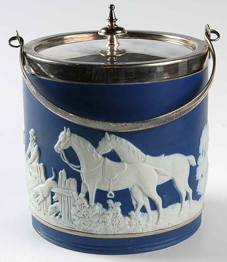 Cream Color on Wedgwood Blue Jasperware Biscuit Barrel & Lid by Wedgwood-1