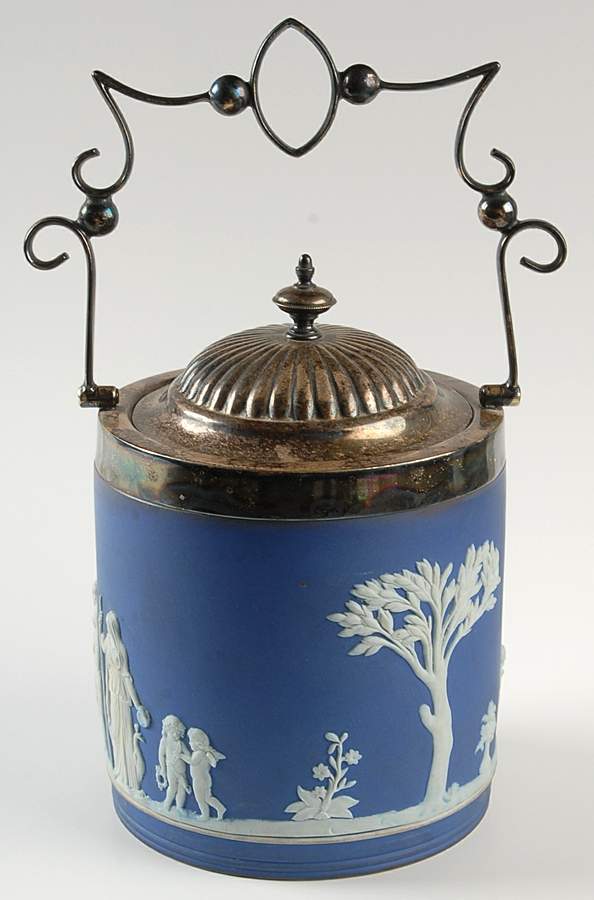 Cream Color on Wedgwood Blue Jasperware Biscuit Barrel & Lid by Wedgwood-1