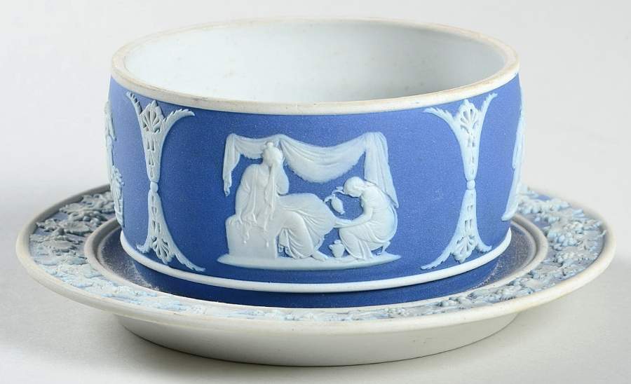 Cream Color on Wedgwood Blue Jasperware Mustard with Attached Underplate No Lid by Wedgwood-1