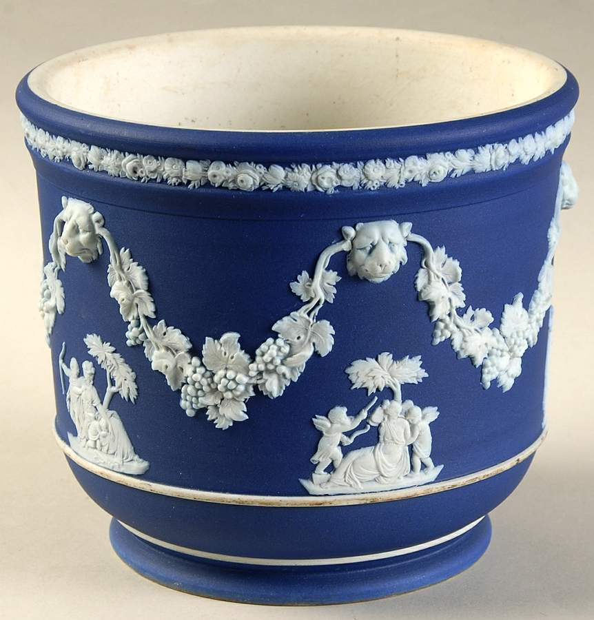 Cream Color on Wedgwood Blue Jasperware 4" Jardiniere by Wedgwood-1