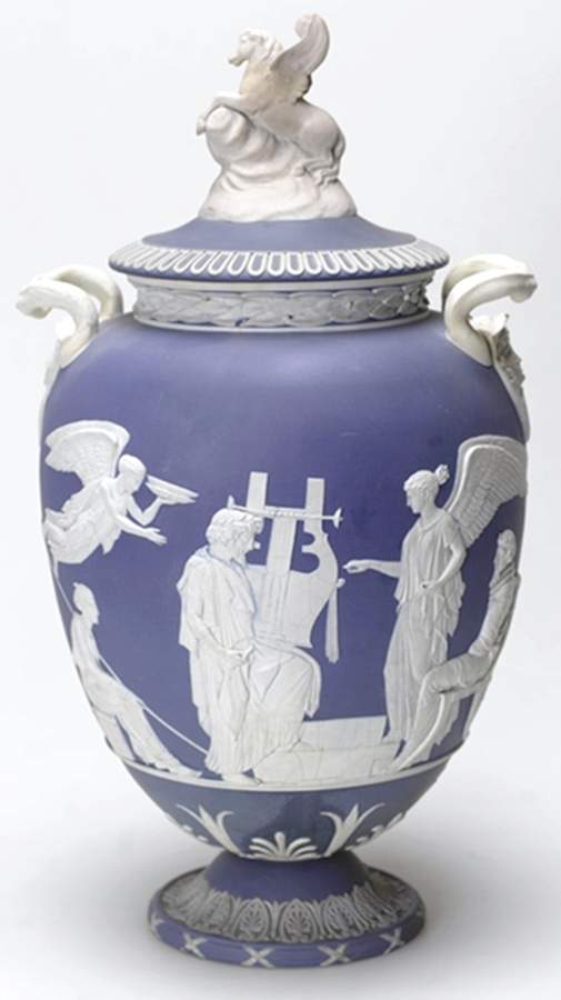 Cream Color on Wedgwood Blue Jasperware Pegasus Vase & Lid by Wedgwood-1