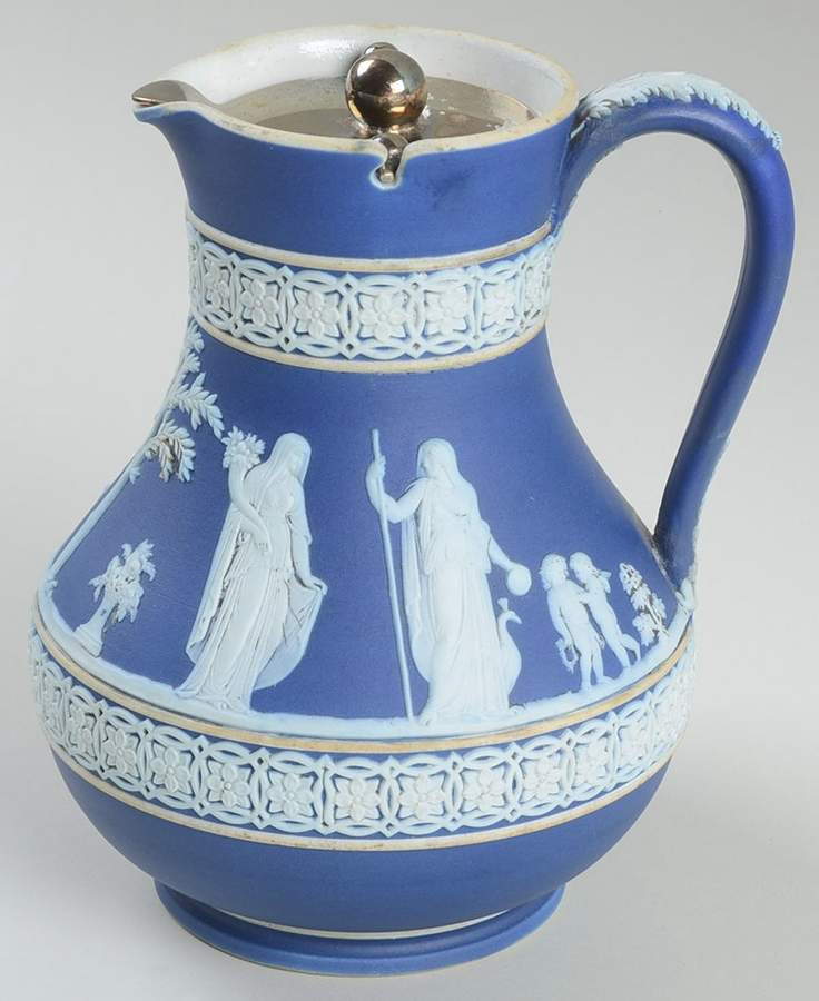 Cream Color on Wedgwood Blue Jasperware 6" Etruscan Jug & Metal Lid by Wedgwood-1