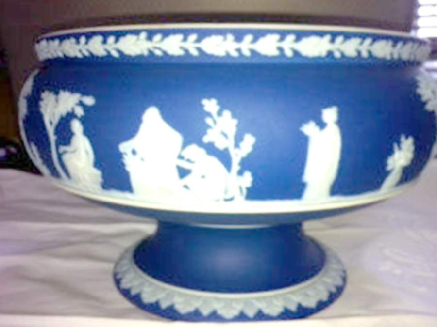 Cream Color on Wedgwood Blue Jasperware Round Footed Imperial Bowl by Wedgwood-1