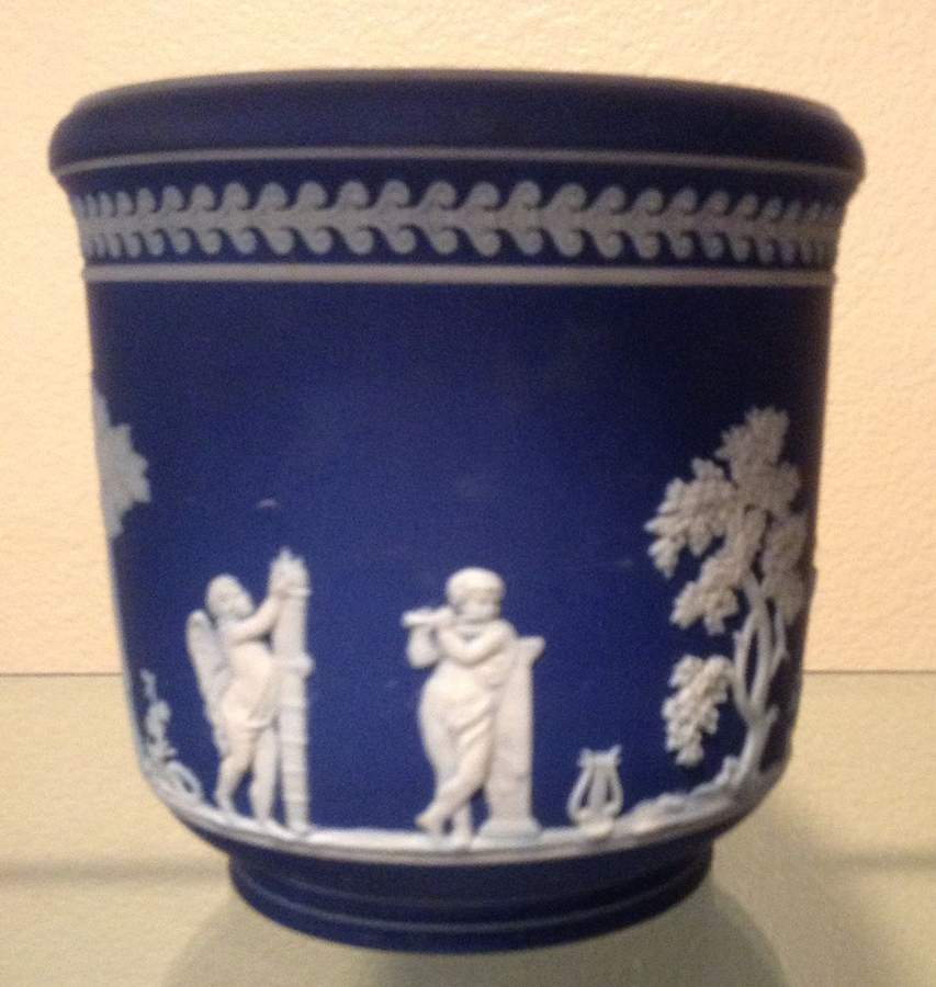 Cream Color on Wedgwood Blue Jasperware 8" Jardiniere by Wedgwood-1