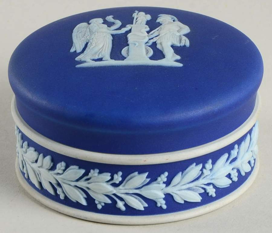 Cream Color on Wedgwood Blue Jasperware Pomade Box & Lid by Wedgwood-1
