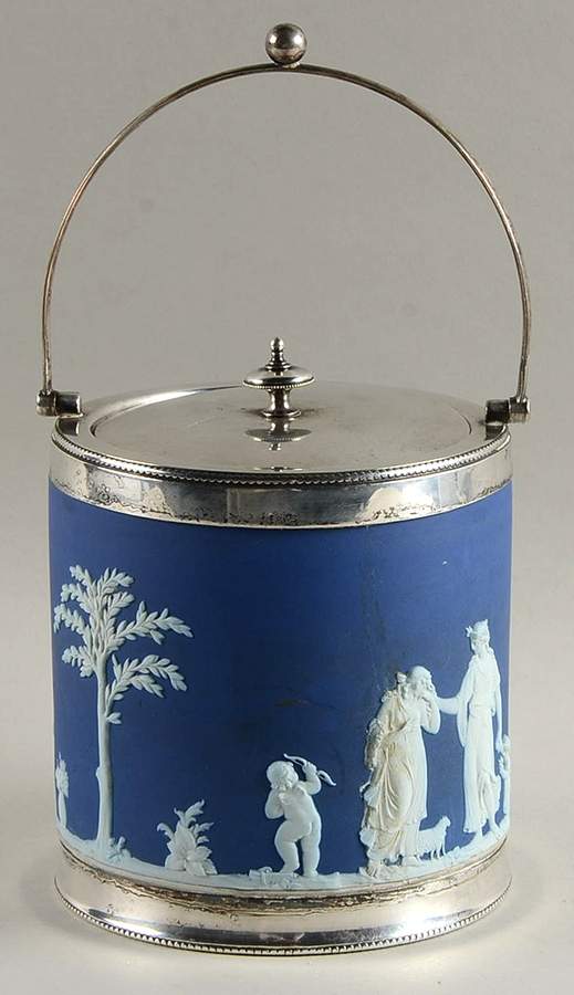 Cream Color on Wedgwood Blue Jasperware Biscuit Barrel & Lid by Wedgwood-1