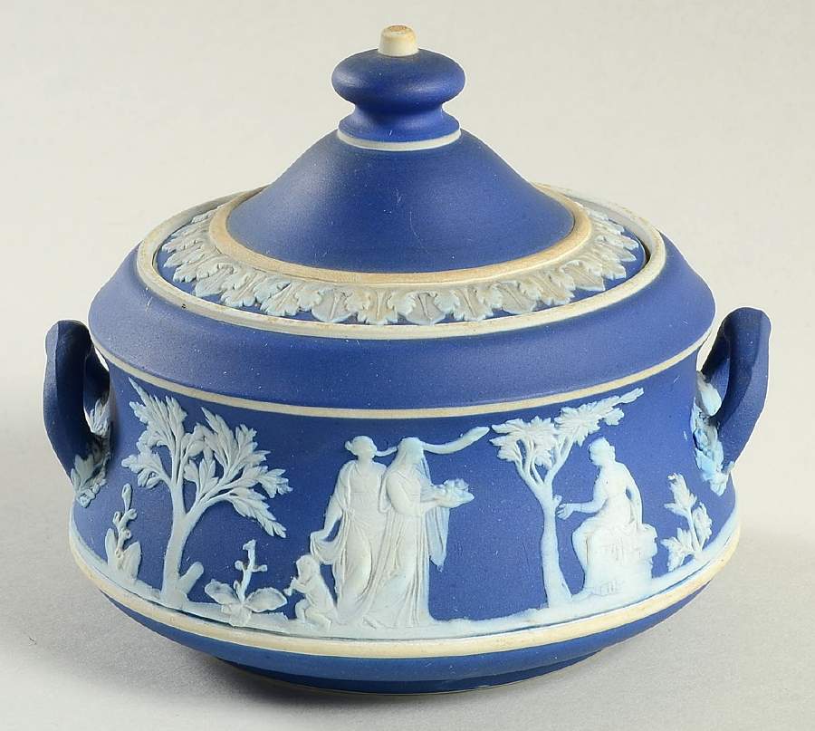 Cream Color on Wedgwood Blue Jasperware Sugar Bowl & Lid by Wedgwood-1