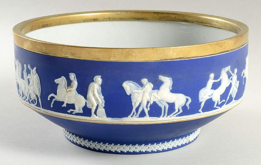 Cream Color on Wedgwood Blue Jasperware 9" Serving Bowl w/Metal Rim by Wedgwood-1