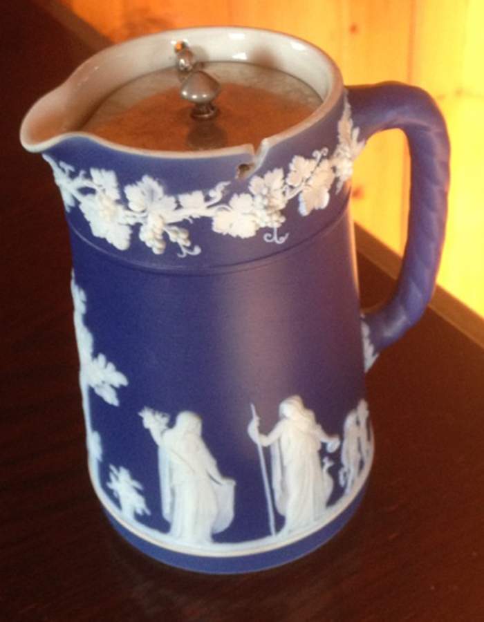 Cream Color on Wedgwood Blue Jasperware 16 Oz Trojan Jug with Metal Lid by Wedgwood-1