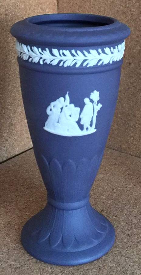 Cream Color on Wedgwood Blue Jasperware 4" Vase by Wedgwood-1