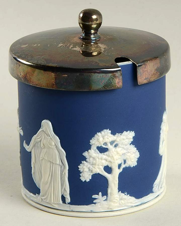 Cream Color on Wedgwood Blue Jasperware Marmalade & Lid by Wedgwood-1