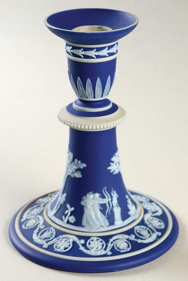 Cream Color on Wedgwood Blue Jasperware 6" Candlestick by Wedgwood-1