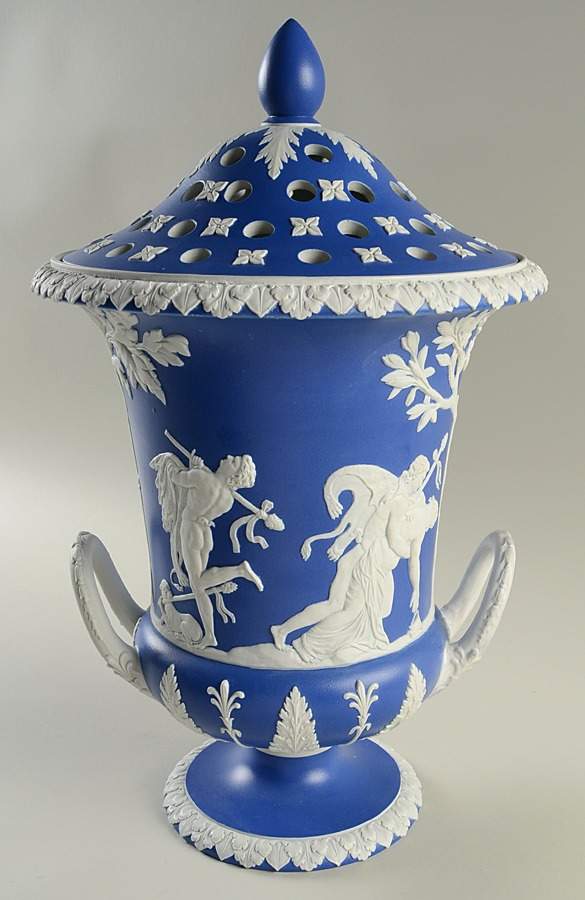 Cream Color on Wedgwood Blue Jasperware 15" Campana Vase & Pierced Lid by Wedgwood-1