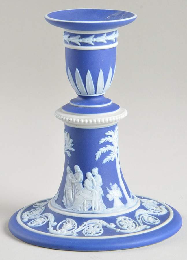 Cream Color on Wedgwood Blue Jasperware 5" Candlestick by Wedgwood-1