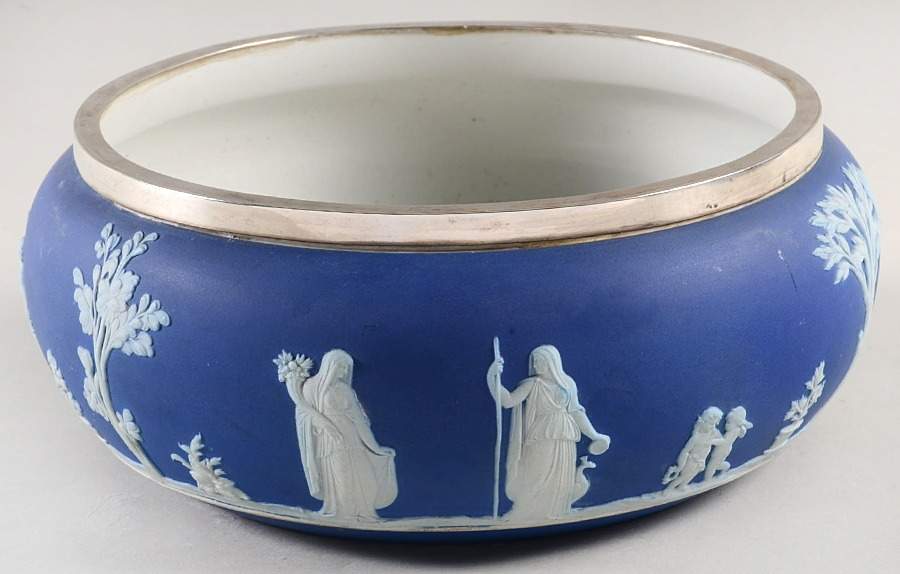 Cream Color on Wedgwood Blue Jasperware 8" Round Bowl with Sterling Rim by Wedgwood-1